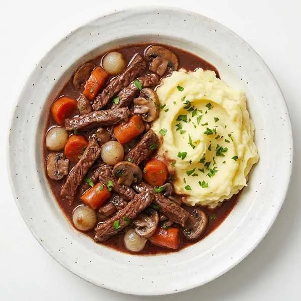 Beef Bourguignon with Buttery Mashed Potatoes & Pearl Onions
